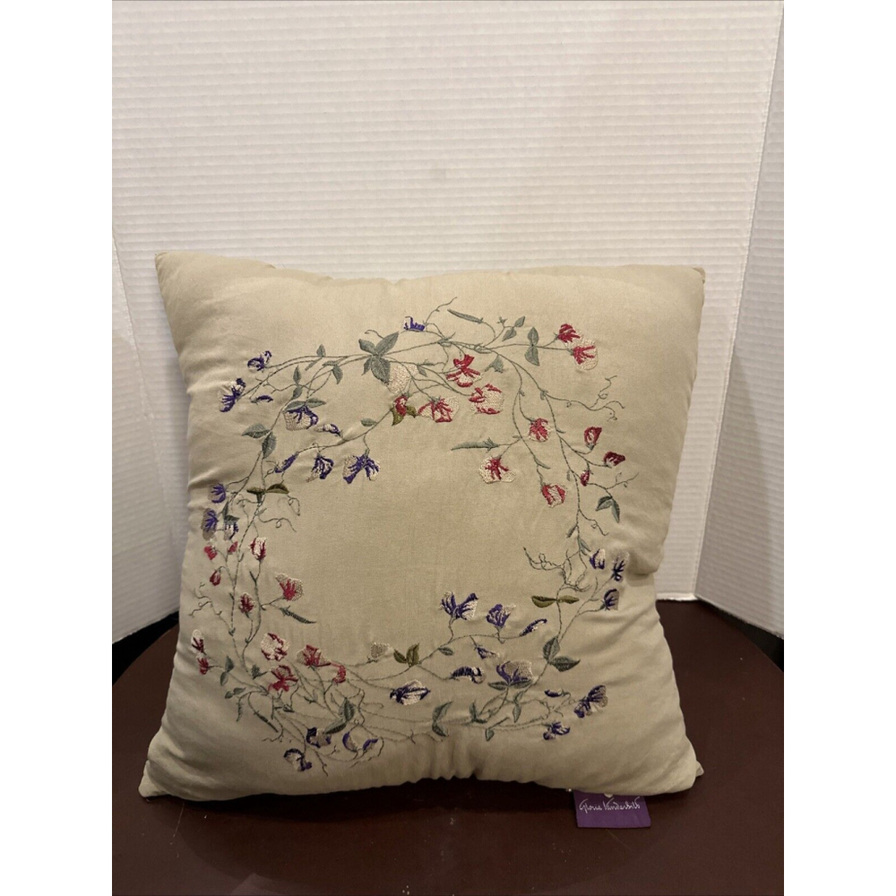 Tan Decorative Pillow Gloria Vanderbilt Embroidered Floral Linen 18x18 in. NWOT